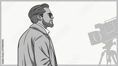 Stylish Man in Profile with Film Camera Illustration Monochrome Drawing Vector Graphic for Media Fashion and Advertisement Design.