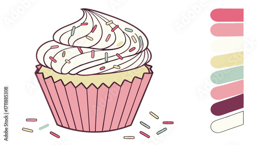 Sweet cupcake with frosting and sprinkles dessert illustration bakery graphic colorful pastry food design cute treat confectionery art delicious cupcake sweet food whipped cream sugary.