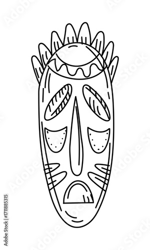 Wooden totem mask of Native Americans in the doodle style. Pulled mask made of wood for rituals. Totem for protection and rituals. Engraving, graphics, shading. American Indians