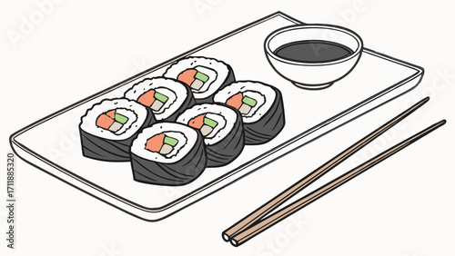 Sushi rolls soy sauce chopsticks Japanese food asian cuisine menu illustration restaurant design food illustration maki roll seafood rice seaweed avocado fish healthy food graphic.