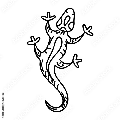 Lizard, desert animal. Cute little animal top view crawling. Animal living in hot countries and crawling on all surfaces with a long tail, doodle. Engraving, graphics, shading