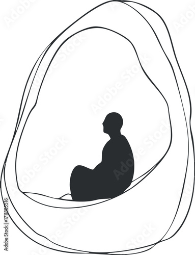 A minimalist silhouette of a person meditating in an abstract egg-shaped outline.