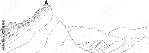 A minimalist line art illustration of a climber on a mountain peak against a serene landscape.