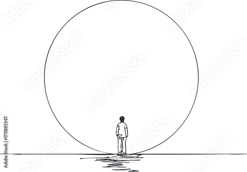A minimalist illustration of a person standing before a large circle symbolizing contemplation and peace.