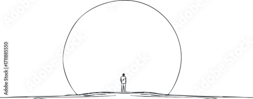 A minimalist illustration depicting a silhouette of a person standing beneath a large circular sun.