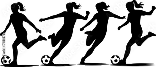 Four isolated black silhouettes of female athletes playing football in dynamic motion. Vector illustration of women's soccer players kicking and dribbling balls for sports concepts