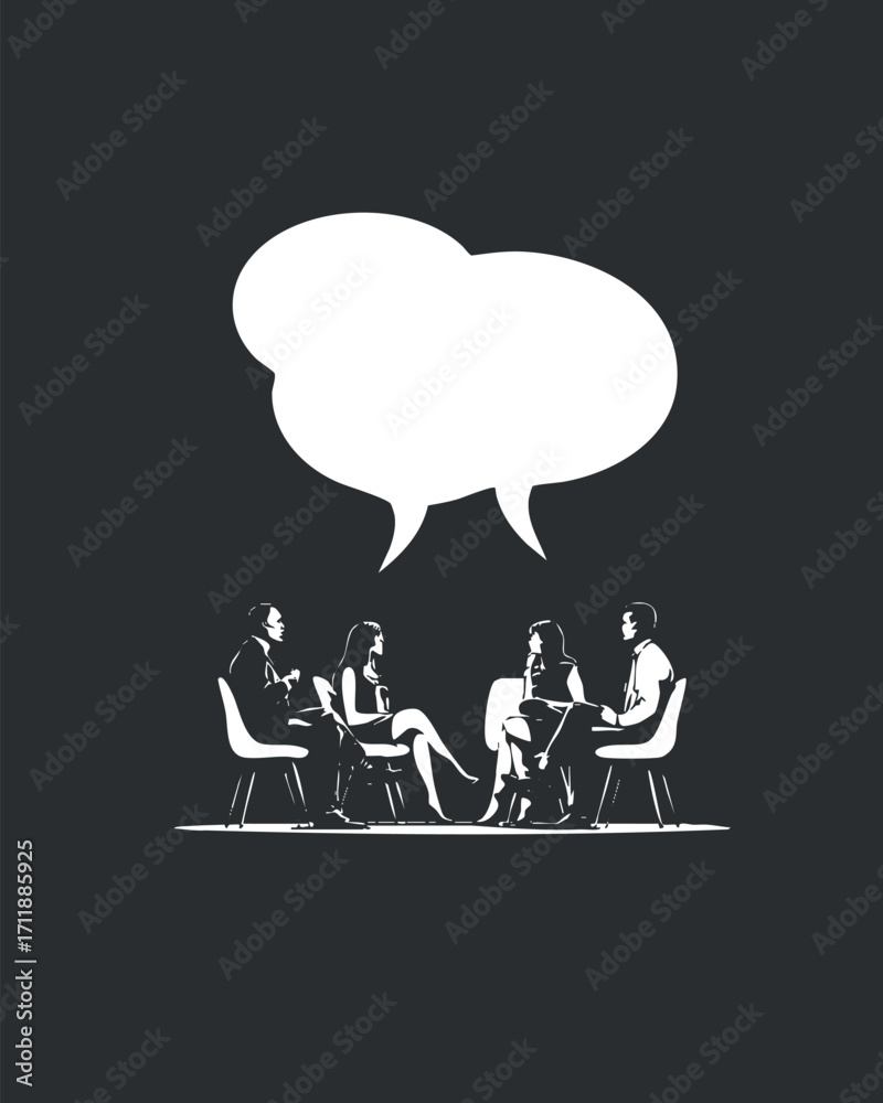 Obraz premium Silhouette of four people engaged in conversation with speech bubbles above them.