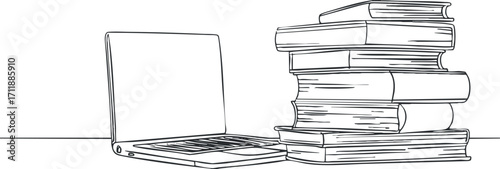 A laptop next to a stack of books symbolizes the blend of technology and traditional learning.