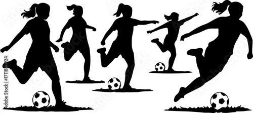 Silhouette of Female Soccer Players Kicking the Ball Action Shots