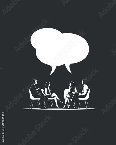 Silhouette of four people engaged in conversation with speech bubbles above them.