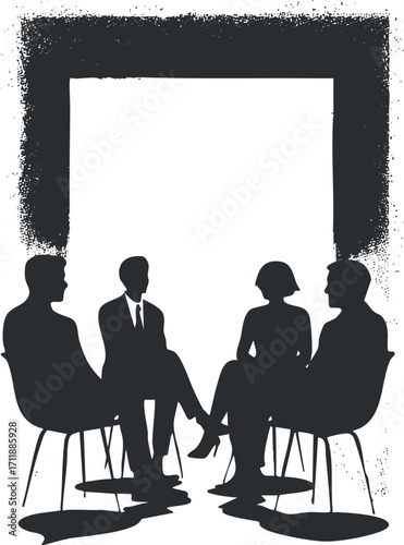Silhouettes of professionals engaged in a business meeting or discussion in a formal setting.
