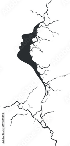 An abstract silhouette of a face with cracks, symbolizing fragility and complexity in design.