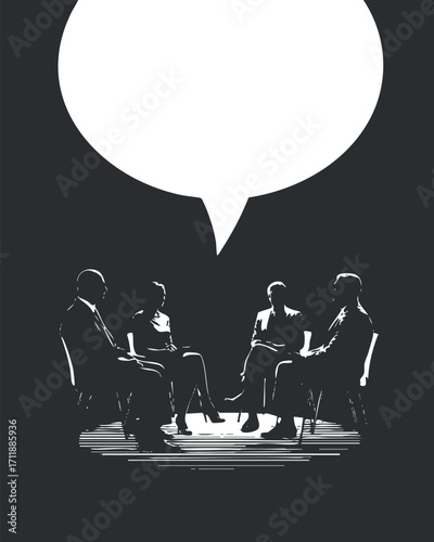 A silhouette illustration of four professionals engaged in a discussion with a speech bubble.