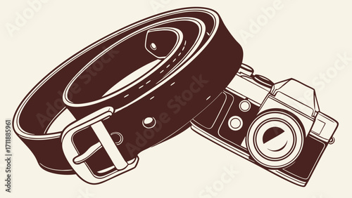 Vintage Camera and Leather Belt Illustration Retro Photography Equipment Stylish Design Element for Fashion Apparel or Website.