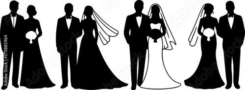 Elegant set of wedding couple silhouettes with bride and groom in formal attire. Romantic vector collection for marriage, love, and union celebration design