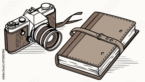 Vintage Camera and Leather Journal Photography Travel Memory Nostalgia Illustration.