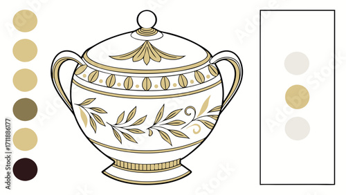 Vintage Decorative Jar Elegant Gold Pattern Coloring Page Two Handles Lid White Background.