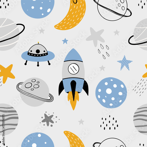 Seamless pattern with cute planets, stars, ufo, earth, constellations, rockets, space, saturn on gray background. Creative kids texture for fabric, prints, wallpaper, decorations, textiles.