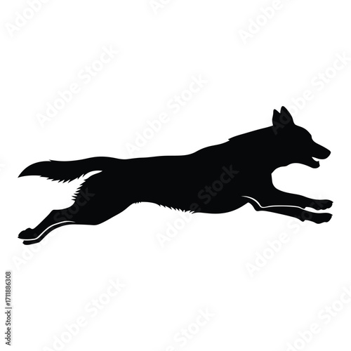 Dynamic silhouette of a running wolf or dog in mid-stride full body action silhouette