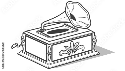 Vintage Gramophone Antique Music Player Retro Sound System Hand Crank Design Ornate Detail Black and White Illustration Nostalgic Music Device Classical Music Icon Historical Audio Equipm.