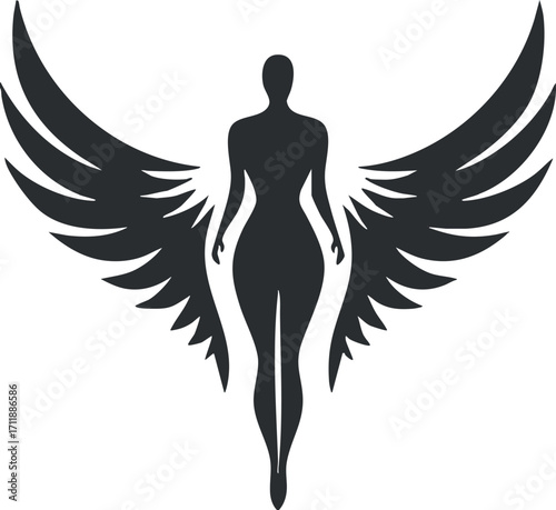 Stylized silhouette of a female figure with angel wings representing grace and freedom