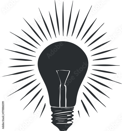 A stylized light bulb graphic symbolizing creativity and innovation with rays of light.