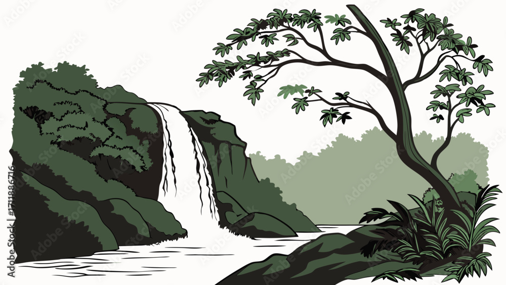 Fototapeta Waterfall in Lush Tropical Rainforest Nature Scene Illustration Green Foliage Cascading Water Cliffside Serenity Tranquil Landscape Vector Art.