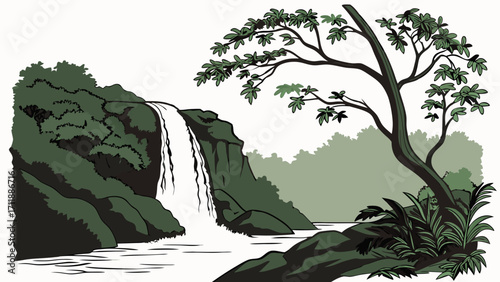 Waterfall in Lush Tropical Rainforest Nature Scene Illustration Green Foliage Cascading Water Cliffside Serenity Tranquil Landscape Vector Art.