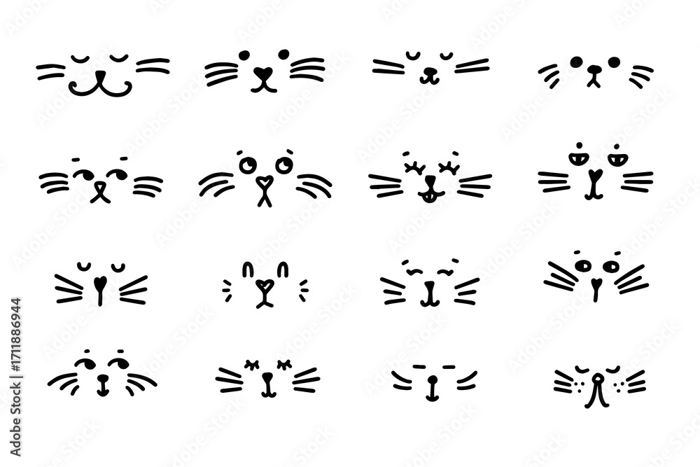Naklejka premium Set of cute doodle cat faces with various emotions in hand drawn outline style. Perfect for stickers, kids projects, prints, and playful digital design.