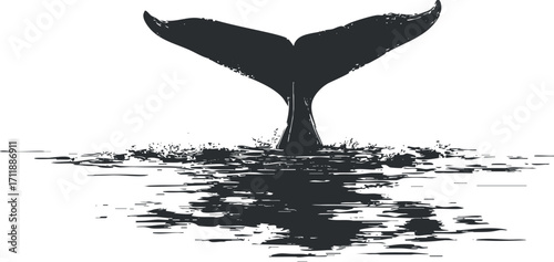 Stylized silhouette of a whale tail emerging from the ocean waves with splashes.