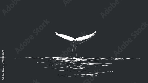 A silhouette of a whale tail emerging from the ocean surface against a dark background.