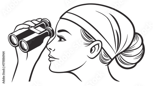 Woman using binoculars looking into the distance black and white illustration profile view vector art.