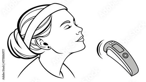 Womans profile with contactless thermometer illustration healthcare medical technology digital health wellness line art drawing graphic design medical device non-contact temperature.