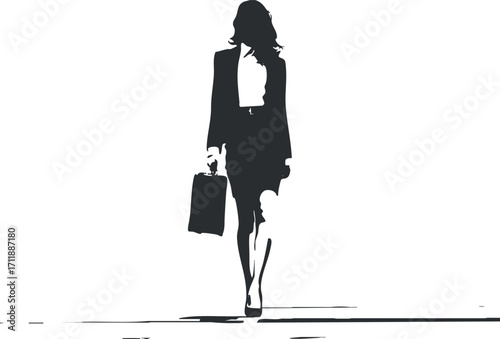 A stylish silhouette of a confident businesswoman walking with a briefcase in a professional setting.