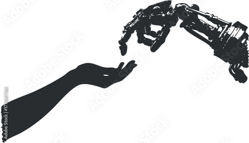A creative illustration depicting the interaction between a human hand and a robotic hand.