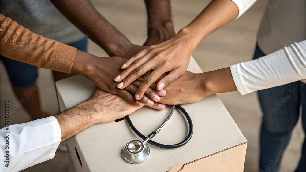 Fototapeta premium Healthcare Philanthropic Funding Diverse hands joined together over a stethoscope symbolizing unity and teamwork in healthcare.