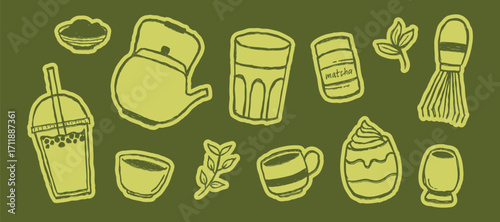 Set of matcha green tea stickers in a hand drawn doodle style. Collection of Japanese tea and cafe icons including boba, teapot, and chasen whisk for printable designs.