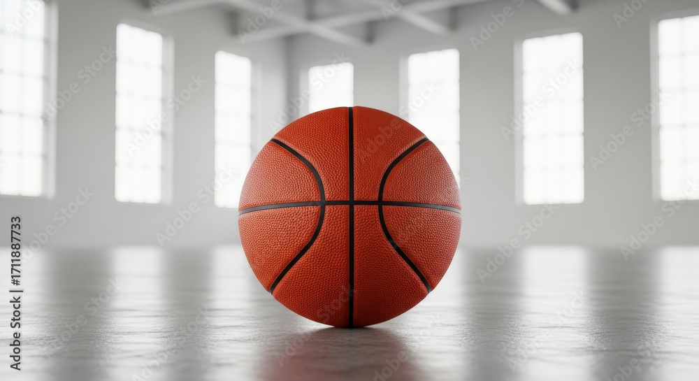 Fototapeta premium Basketball Close Up in Modern White Hall With Large Windows Bright Lighting and Hard Shadows Indoor Sports Equipment Still Life