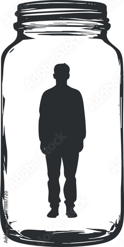 A silhouette of a person trapped inside a glass jar symbolizing isolation and introspection.