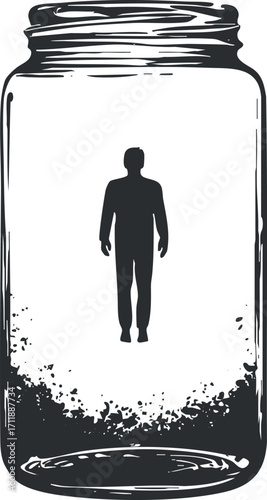 A silhouette of a person trapped inside a jar symbolizing isolation and introspection.