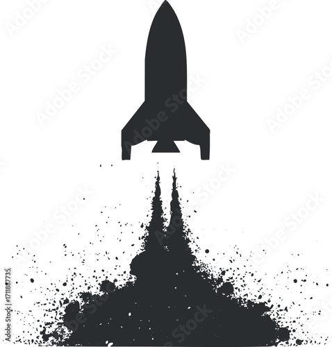A minimalist illustration of a rocket launching with smoke and blast effects in black and white.