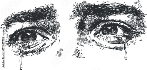 Illustration of two expressive eyes with tears, conveying deep emotion and sadness.