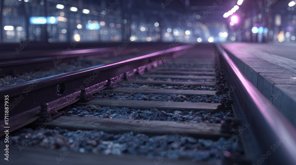 Fototapeta premium Night train tracks at station platform