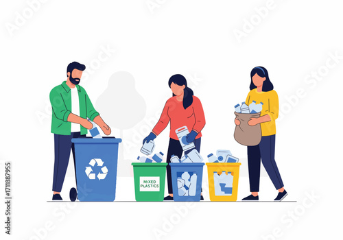 Illustrated People Sorting Trash for Recycling and Eco-Friendly Habits