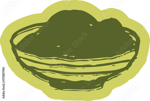 Bowl of matcha powder sticker in a rough, hand drawn style. Doodle illustration of a key green tea ingredient for cafe or recipe designs.