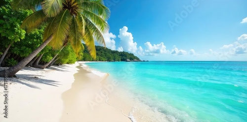 Fototapeta Naklejka Na Ścianę i Meble -  Tranquil turquoise waters lap gently on a pristine white sand beach, palm trees swaying in the gentle breeze, creating a perfect tropical paradise scene , serene, hawaii, palms
