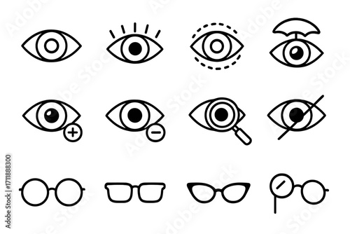Eye icon set. Vision care outline symbols for ophthalmology and optometry. Eyeglasses, eyeball, myopia, hyperopia, eye test, blindness. Vector line icons for web and apps.