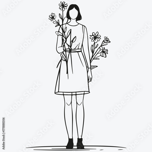 woman standing with flowers sketch illustration vector