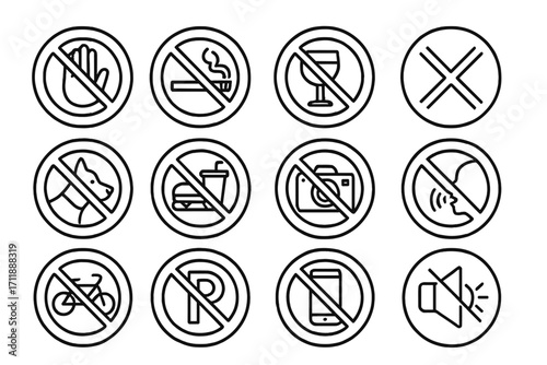 Forbidden signs thin line icon pack. Public place warning and restriction symbols. No smoking, food, pets, alcohol, photography, parking, phones, noise vector icons set.