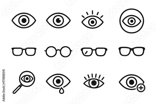 Ophthalmology and vision line icon bundle. Vector outline signs for optometry. Includes eyes, glasses, sight test concepts for graphic design, apps, and adverts.